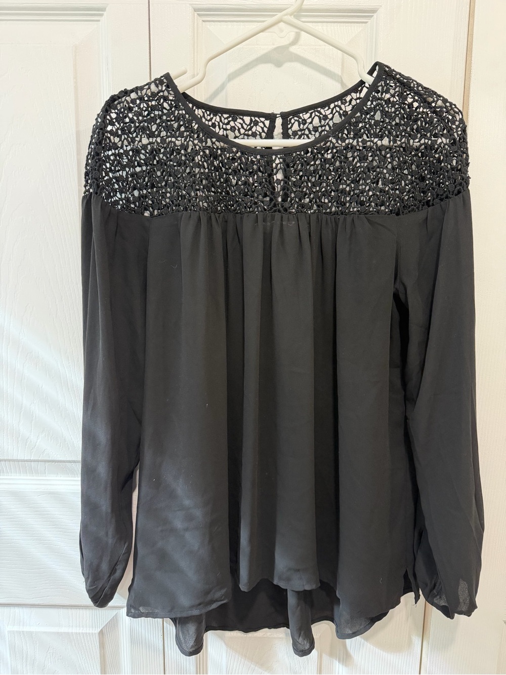 LOFT Black Crochet Yoke Long-Sleeve Blouse - Sheer Panel